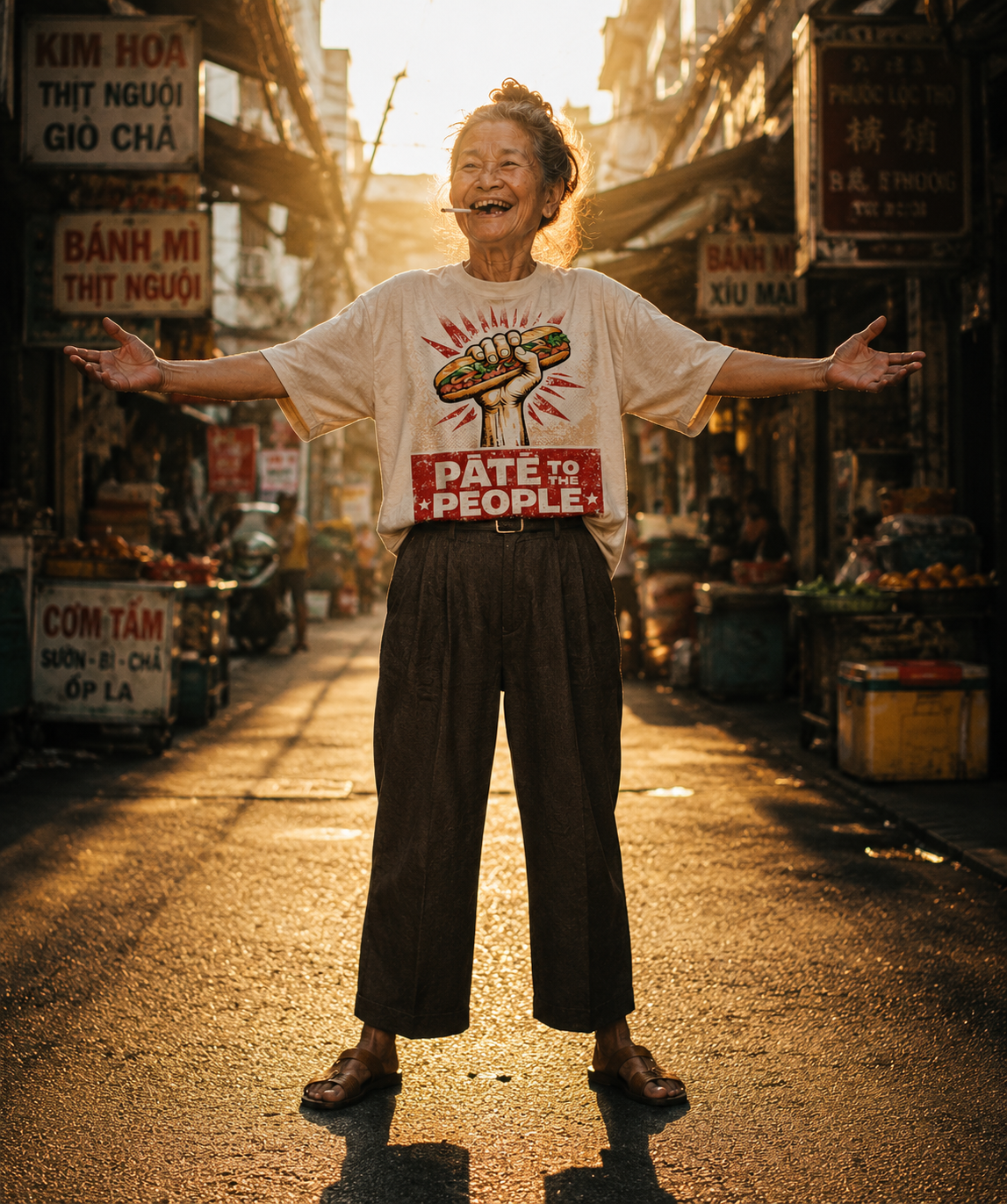 Mai Bích modelling Pâté to the People, Bánh Mì Shop limited drop shirt